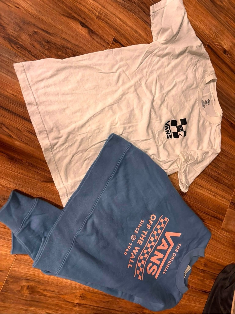 Vans White Tee & Blue Vans Pullover with Pink Logo